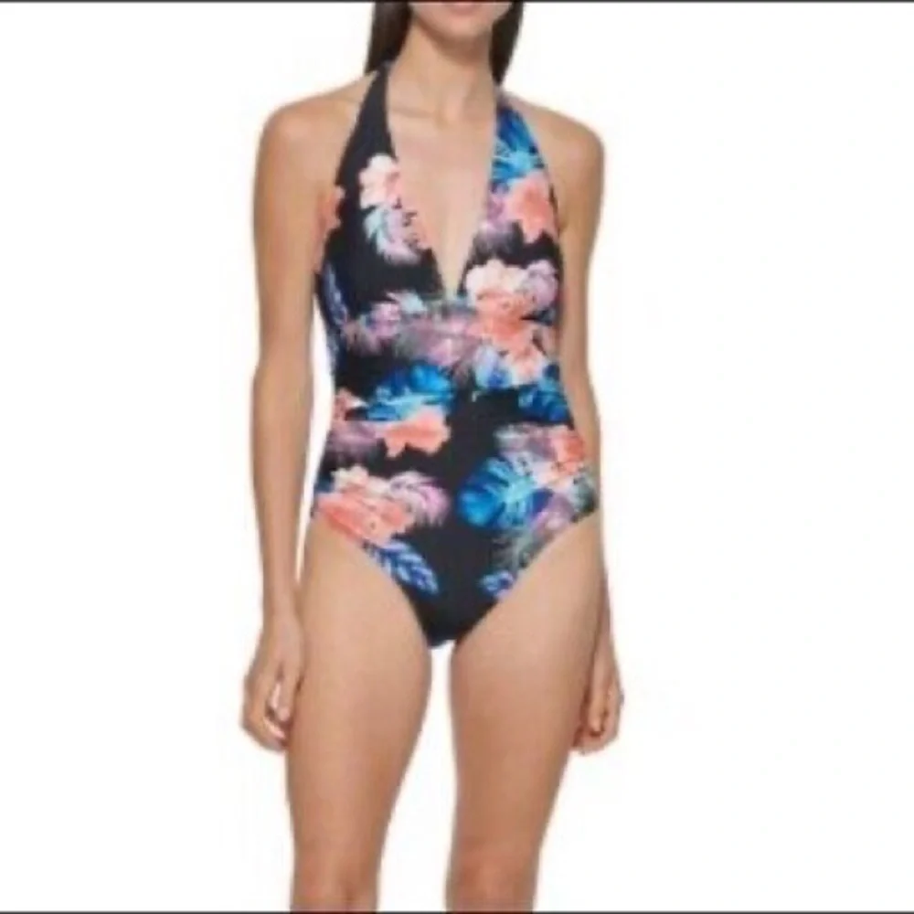 DKNY Tropical‎ Floral One Piece Swimsuit in Black/Pink Sizes XL NWOT - Picture 6 of 15